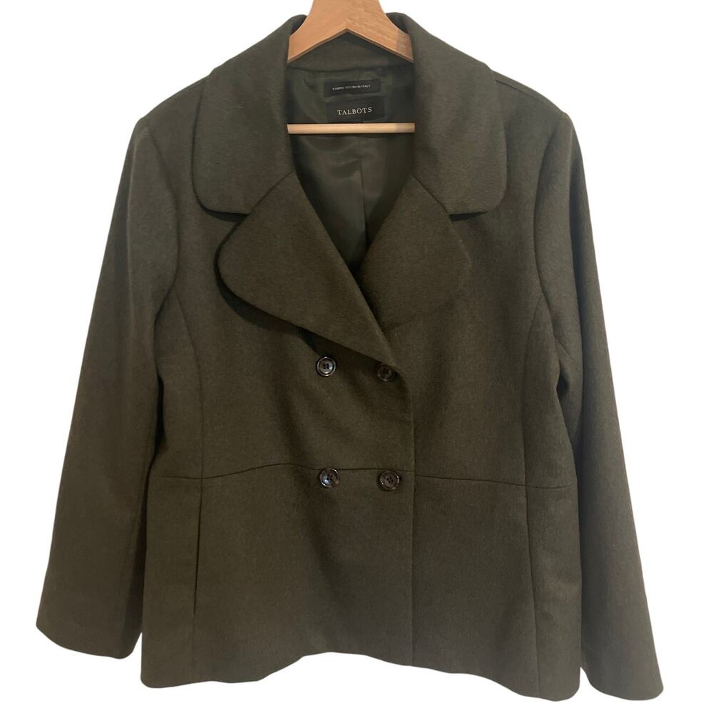 Talbots Double‎ Breasted Wool Pea Coat Olive Green Size 14